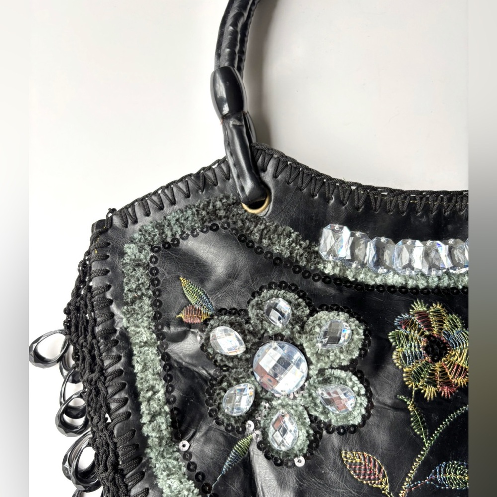 Y2K Vintage Embroidered‎ Beaded Sequin Embellished Black Vegan Leather Boho Bag - Picture 2 of 7